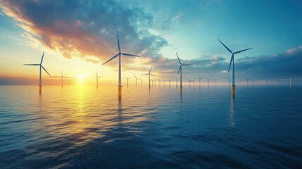 Offshore Wind Turbines at Sunset with Dramatic Sky and Reflections on Calm Ocean Water
