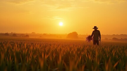 Fototapeta premium Serene Wheat Field Landscape: Farmer Silhouette Walking at Golden Hour Sunset in Rural Countryside