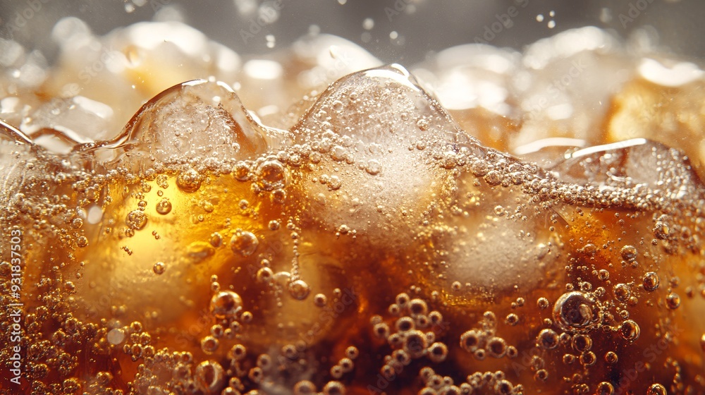 Poster a close-up shot of a chilled soda glass filled with ice cubes capturing the fizzy bubbles rising to 