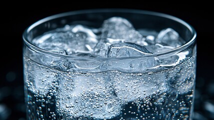A close-up shot of a chilled soda glass filled with ice cubes capturing the fizzy bubbles rising to the surface under soft studio lighting Camera lens 50mm studio shot for Hi-end advertising Stock