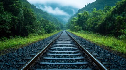 Fototapeta premium A misty railway track cutting through lush green rainforest, perfect for travel, adventure, and exploration themes or promotional materials for environmental conservation,