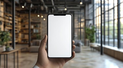 A hand holds a smartphone with a blank screen in front of a modern, cozy office or living space with natural light, ideal for tech, mobile app, and workspace-related imagery,