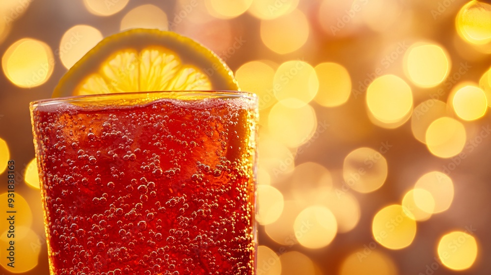 Poster a side angle of a soda glass with a lemon wedge on the rim and bubbles clinging to the sides of the 