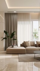 A minimalist living room showcasing a cozy seating area bathed in natural light and accented by indoor plants