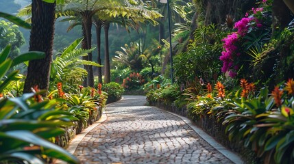 Landscape with tropical garden in the Monte Palace Funchal Madeira island : Generative AI