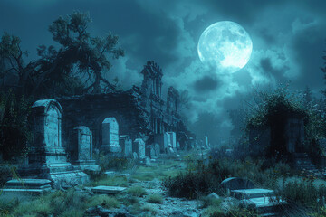 A haunting graveyard illuminated by moonlight