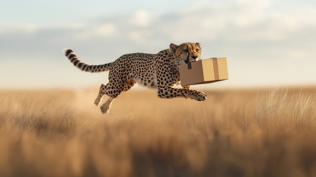 Running cheetah carrying a carton box parcel in its mouth, logistics and fast delivery concept
