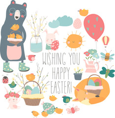 Cute cartoon animals with Easter theme. Happy Easter