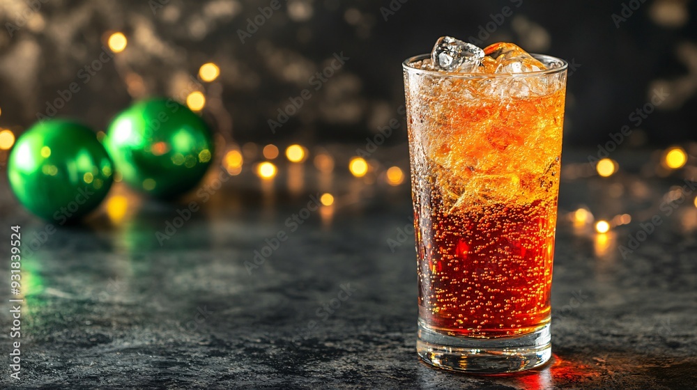Poster an elegant composition of a soda bottle and glass on a reflective surface with the vibrant color of 