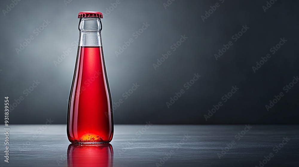 Poster an elegant composition of a soda bottle and glass on a reflective surface with the vibrant color of 