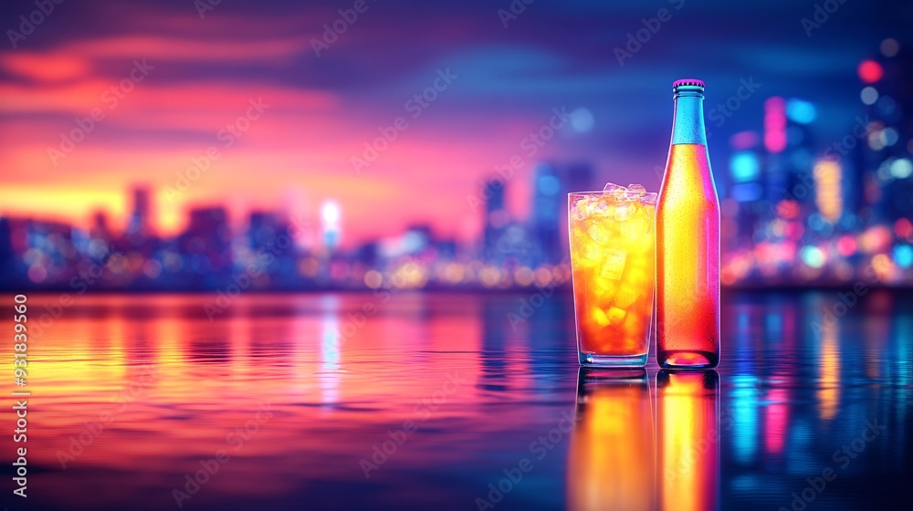 Poster an elegant composition of a soda bottle and glass on a reflective surface with the vibrant color of 
