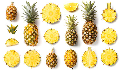 Pineapple collection. Whole and sliced pineapple isolated on white background