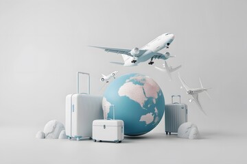 3d render of travel concept with suitcases, globe and plane flying around it on white background. Travel poster design template for vacation advertising banner, flight