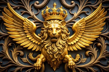 Majestic Emblem: Lion with intricate wings, golden ornamentation, and regal bearing, representing power, authority, and honor.