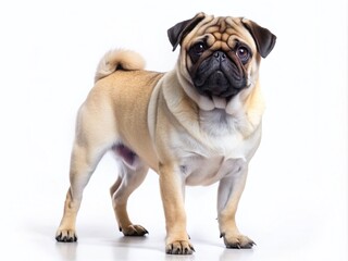 Obraz premium Majestic Pug White Background Regal Pose: Pug standing tall and regal against a pure white background, projecting an air of authority and confidence.