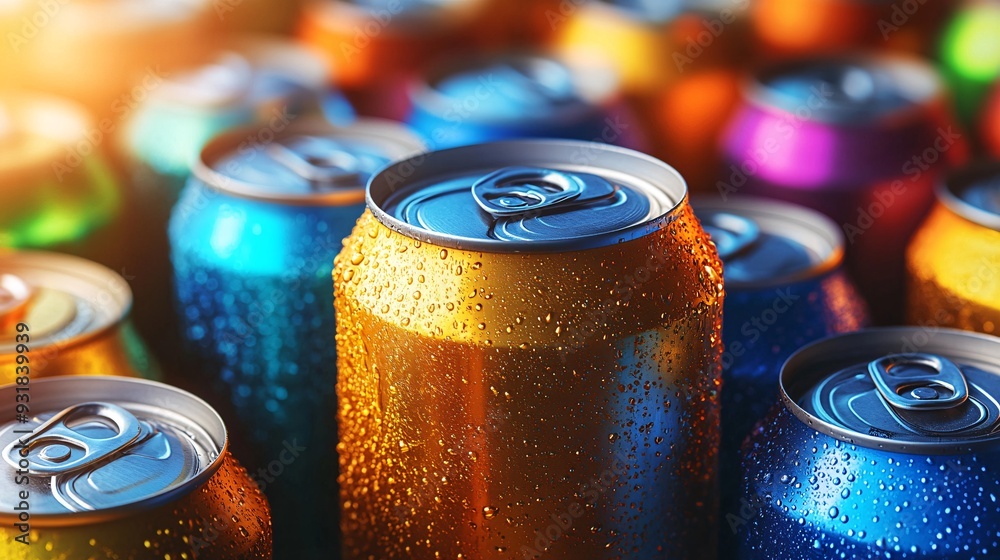 Poster An artistic shot of multiple soda cans stacked together with one can partially opened highlighting the variety and appeal of the drink Camera lens 50mm studio shot for Hi-end advertising Stock Photo