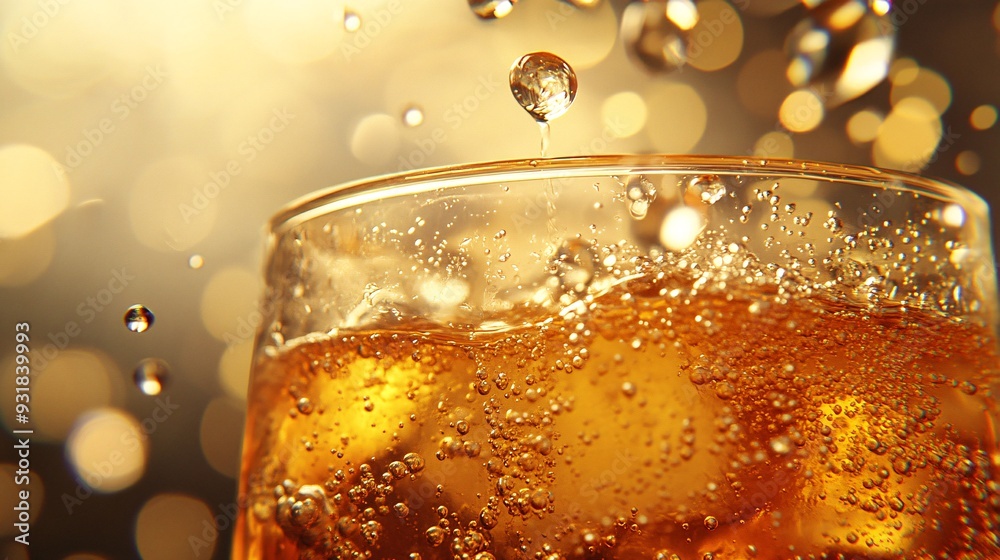 Aufkleber a high-end shot of soda bubbles forming in a glass as the drink is poured slowly showcasing the carb