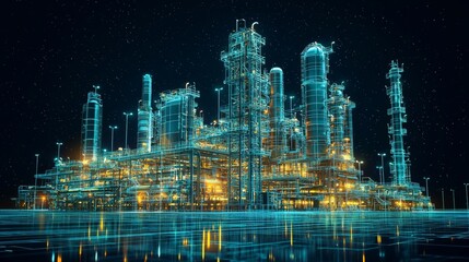 Fototapeta premium Futuristic digital refinery plant with neon lights at night