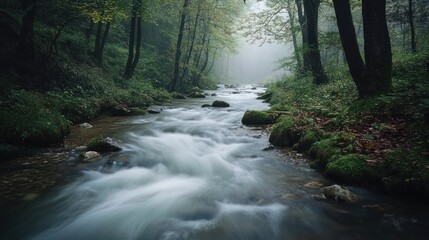 Obraz premium Flowing River Through a Misty Forest