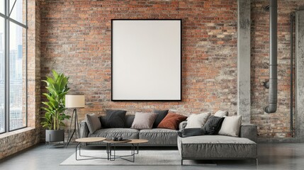 Modern Industrial Living Room with Blank Canvas Wall Art and Grey Sectional Sofa