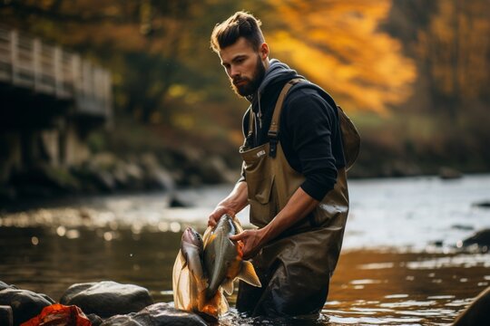 By the river person big fish waders holds picture