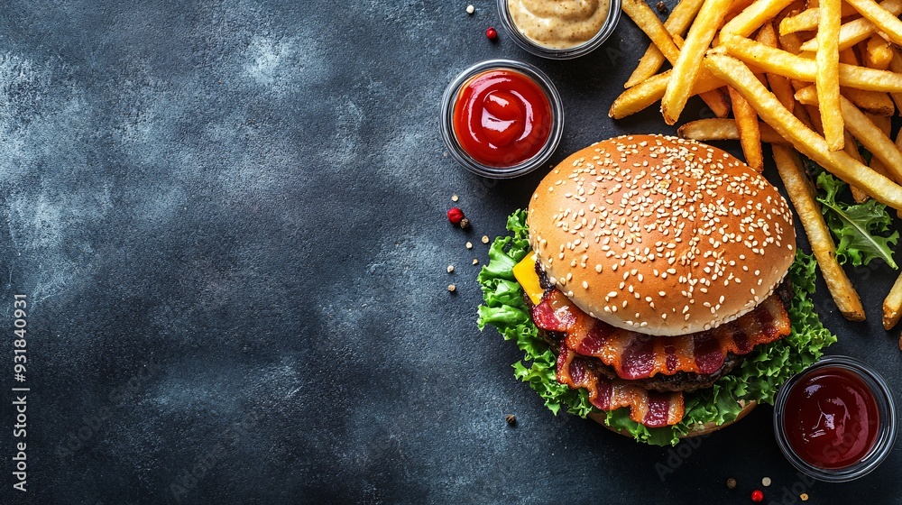 Aufkleber an overhead view of a classic fast food burger with crispy bacon slices and golden fries on the side