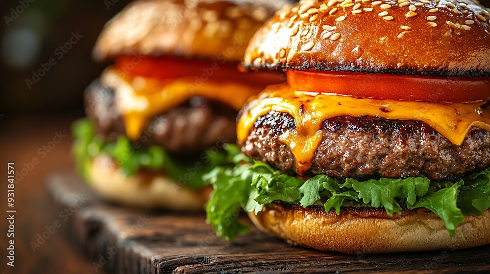 Poster an artistic close-up of a burger with melted cheese tomato and lettuce peeking out from the bun with