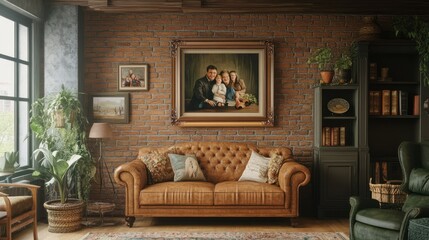 Fototapeta premium A Cozy Living Room with a Framed Portrait of a Family and a Leather Sofa