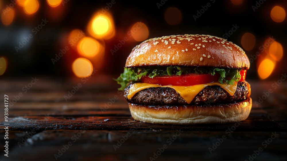 Poster an artistic close-up of a burger with melted cheese tomato and lettuce peeking out from the bun with