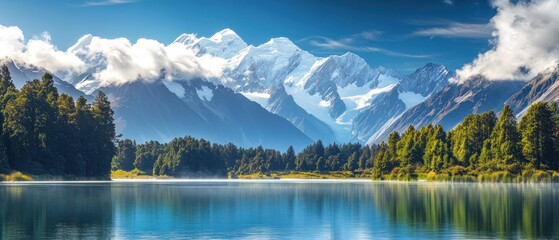 Obraz premium Stunning scenery of Mount Cook, the highest mountain , there are beautiful high mountains that touched the clouds in blue sky