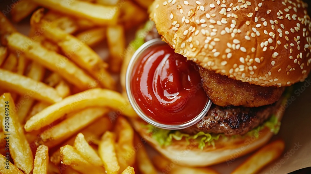 Poster An elevated view of a burger with thick-cut fries and a small dish of ketchup arranged neatly on a tray emphasizing the presentation and quality of the meal Camera lens 50mm studio shot for Hi-end