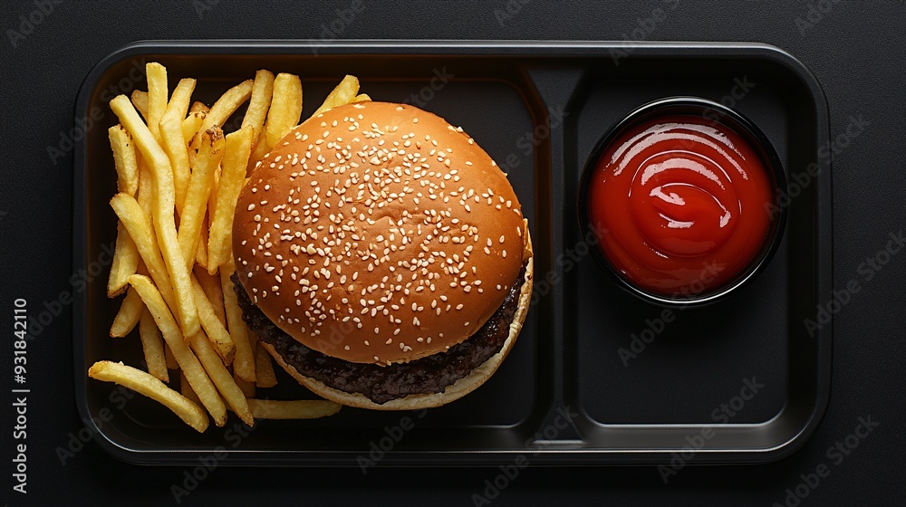 Poster an elevated view of a burger with thick-cut fries and a small dish of ketchup arranged neatly on a t