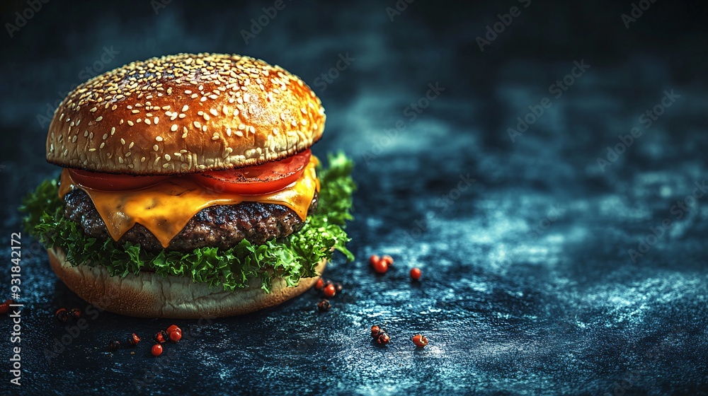 Aufkleber a stylized shot of a burger with a perfectly charred patty melted cheese and fresh toppings arranged