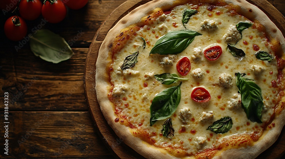 Aufkleber an overhead view of a pizza fresh out of the oven with melted cheese pulling away from the crust and