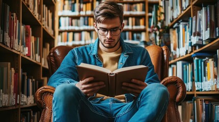 Young man reading while sitting on chair in the library. Self learning. Research and education