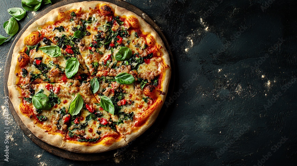 Poster an overhead view of a pizza fresh out of the oven with melted cheese pulling away from the crust and
