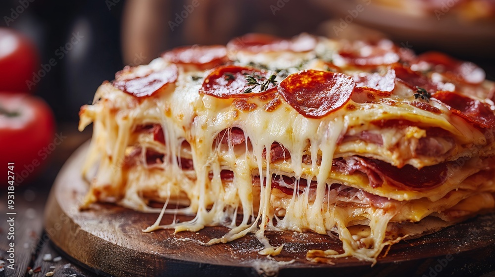 Poster a macro shot of a pizza slice with thick layers of processed meat, gooey cheese, and a perfectly cha