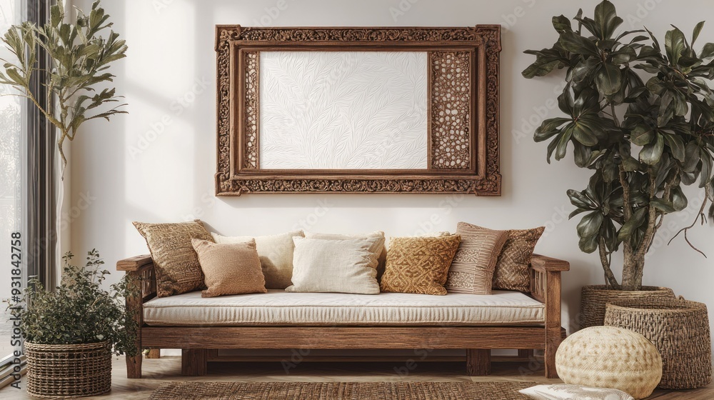 Poster Ornate Wooden Frame Above a Rustic Couch with Pillows and Plants