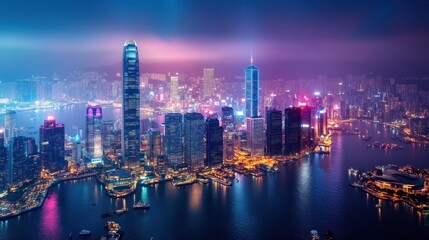 Nighttime Aerial View of Illuminated Skyscrapers and Harbor in Hong Kong