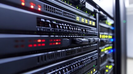 Naklejka premium Data Center Server Rack with Network Connections and LEDs