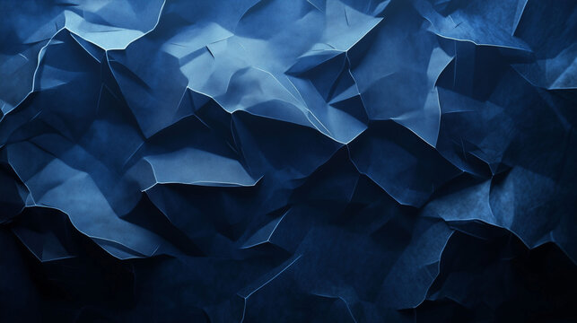 Abstract textured pattern of crumpled blue material with sharp folds