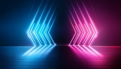 Abstract background with glowing neon lights of blue pink colors on opposite facing arrows on shiny reflecting stage