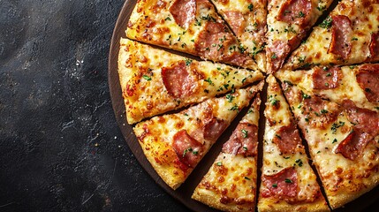 A premium shot of a pizza topped with a variety of processed meats, each slice loaded with cheese and perfectly browned in a high-end presentation Camera lens 50mm studio shot for Hi-end advertising