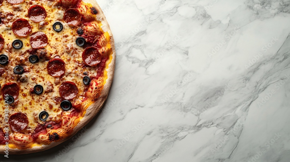 Aufkleber an elevated view of a pizza on a marble countertop with refined flour crust, melted cheese, and asso
