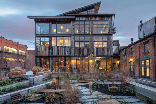 Urban adaptive reuse building with rooftop garden