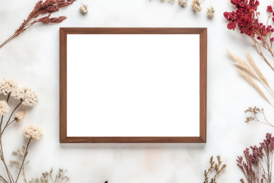 Minimalistic frame surrounded by dried flowers on a marble surface
