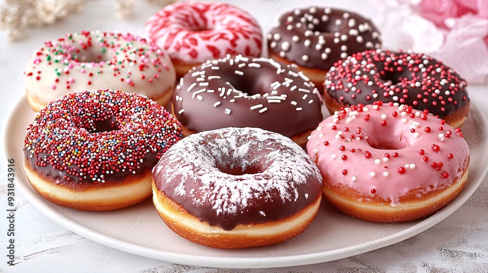 Aufkleber an artistic presentation of assorted doughnuts on a sleek, white plate, featuring different toppings