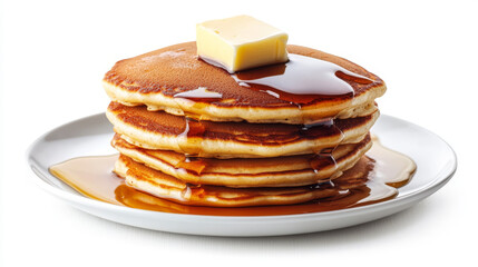 pile of pancakes on a dish, drizzled with syrup and garnished with butter. Isolated on a white background with a clipping path.