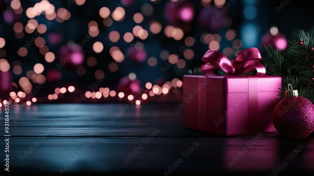 Poster A red box with a ribbon sits on a wooden table. The scene is set in a dark room with a Christmas tree in the background