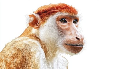 Naklejka premium Close-up of a monkey showcasing its detailed fur and expressive eyes against a white background.